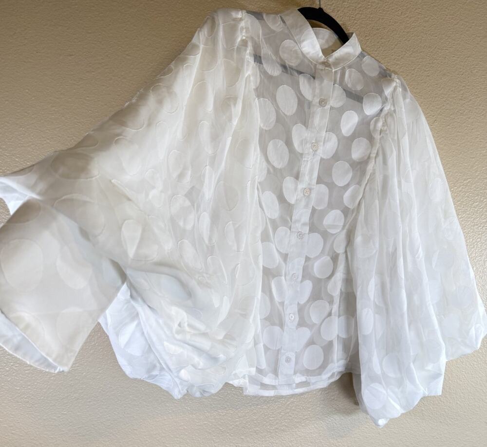 NWT True Destiny Large White Polka Dot Button Up Blouse Balloon Sleeve